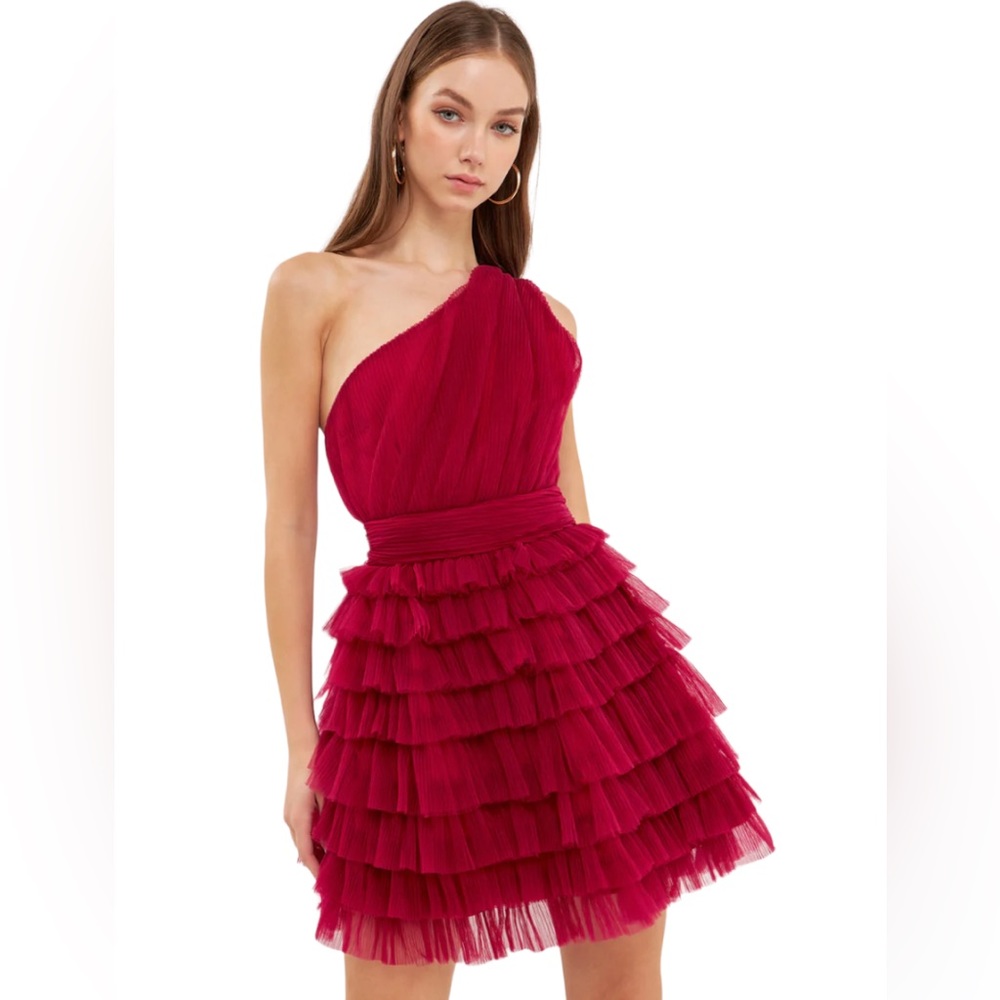 NWT Endless Rose Tiered Tulle Mini Dress in Cherry Red Size Large